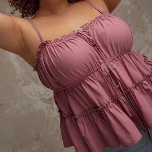 Torrid FESTI Size 2 Babydoll Top Mauve Rose Tiered Bow Cami Ruffle 2X Blouse